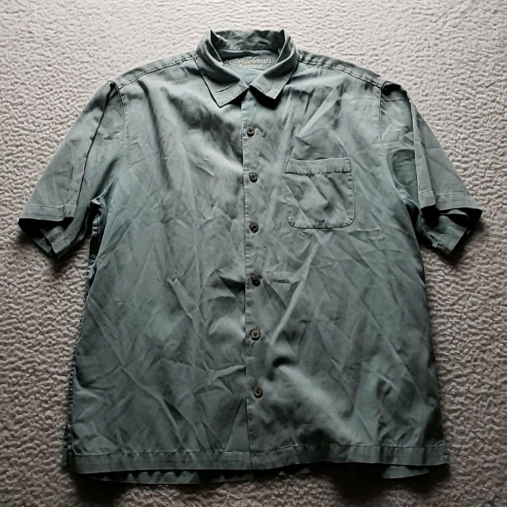 Caribbean Shirt Mens Large Green Solid Short Sleeve Silk Blend Button Up Casual